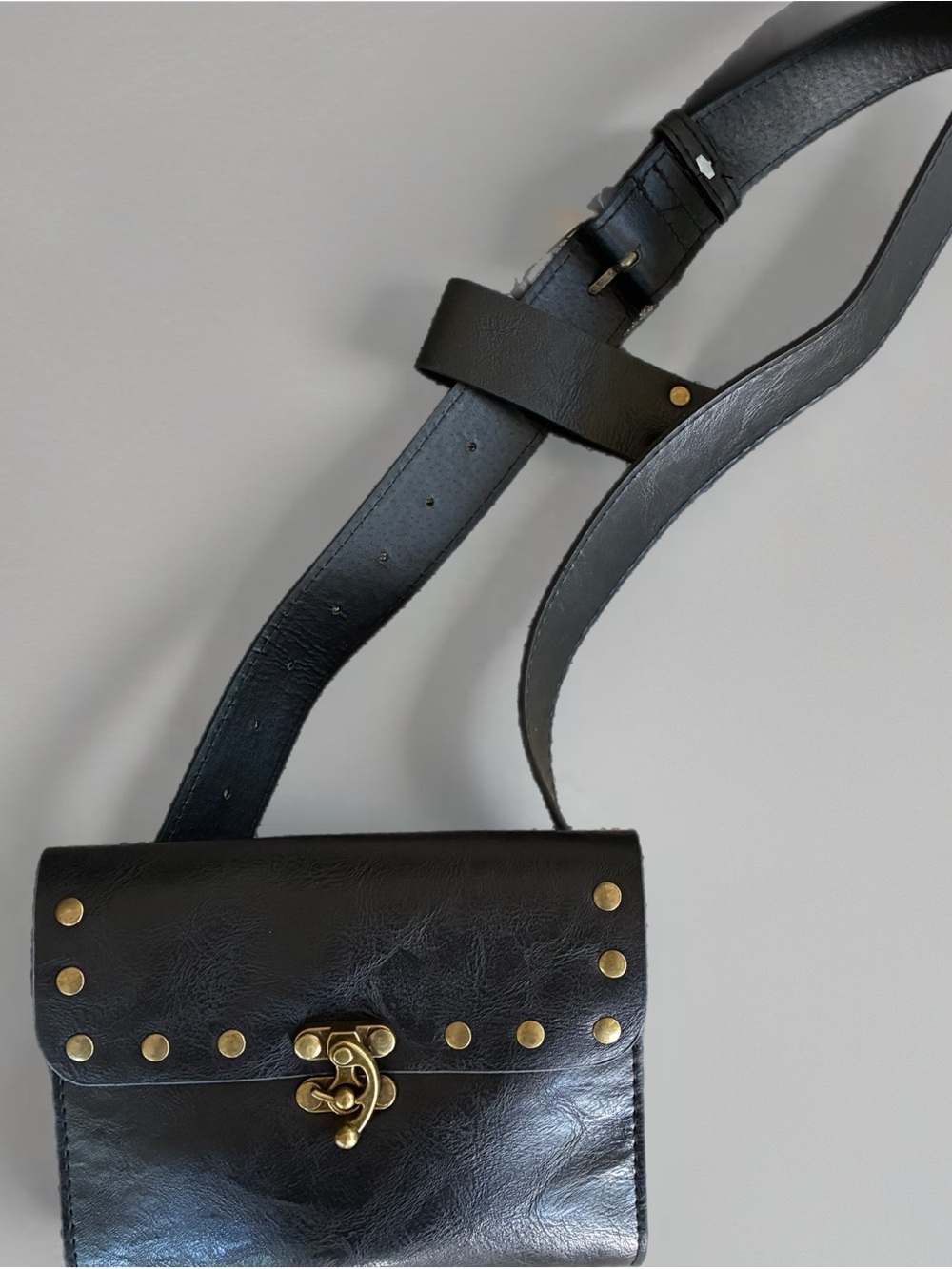 Classic Black Leather Crossbody Belt Bag with Gold Hardware Stud